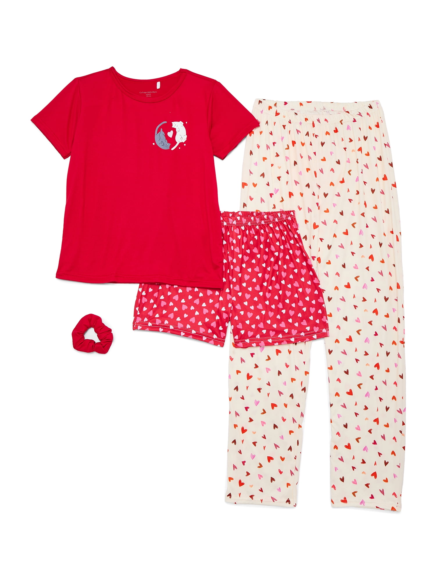 Catherne Malandrino Girls Short Sleeve Top, Pant and Shorts with Bonus Scrunchie 4-Piece Pajama Set, Sizes 4-16