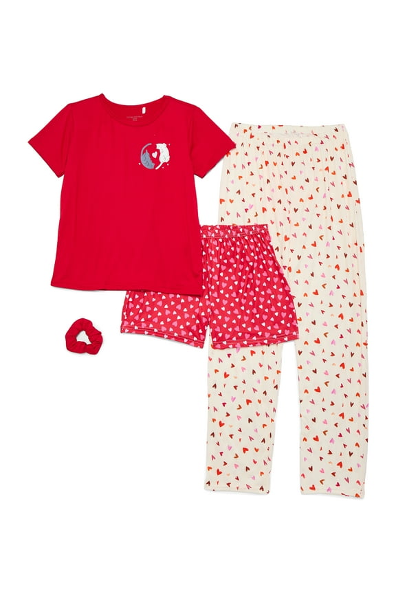 Catherne Malandrino Girls Short Sleeve Top, Pant and Shorts with Bonus Scrunchie 4-Piece Pajama Set, Sizes 4-16