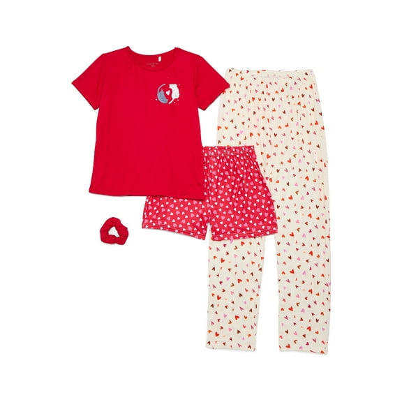 Catherne Malandrino Girls Short Sleeve Top, Pant and Shorts with Bonus Scrunchie 4-Piece Pajama Set, Sizes 4-16