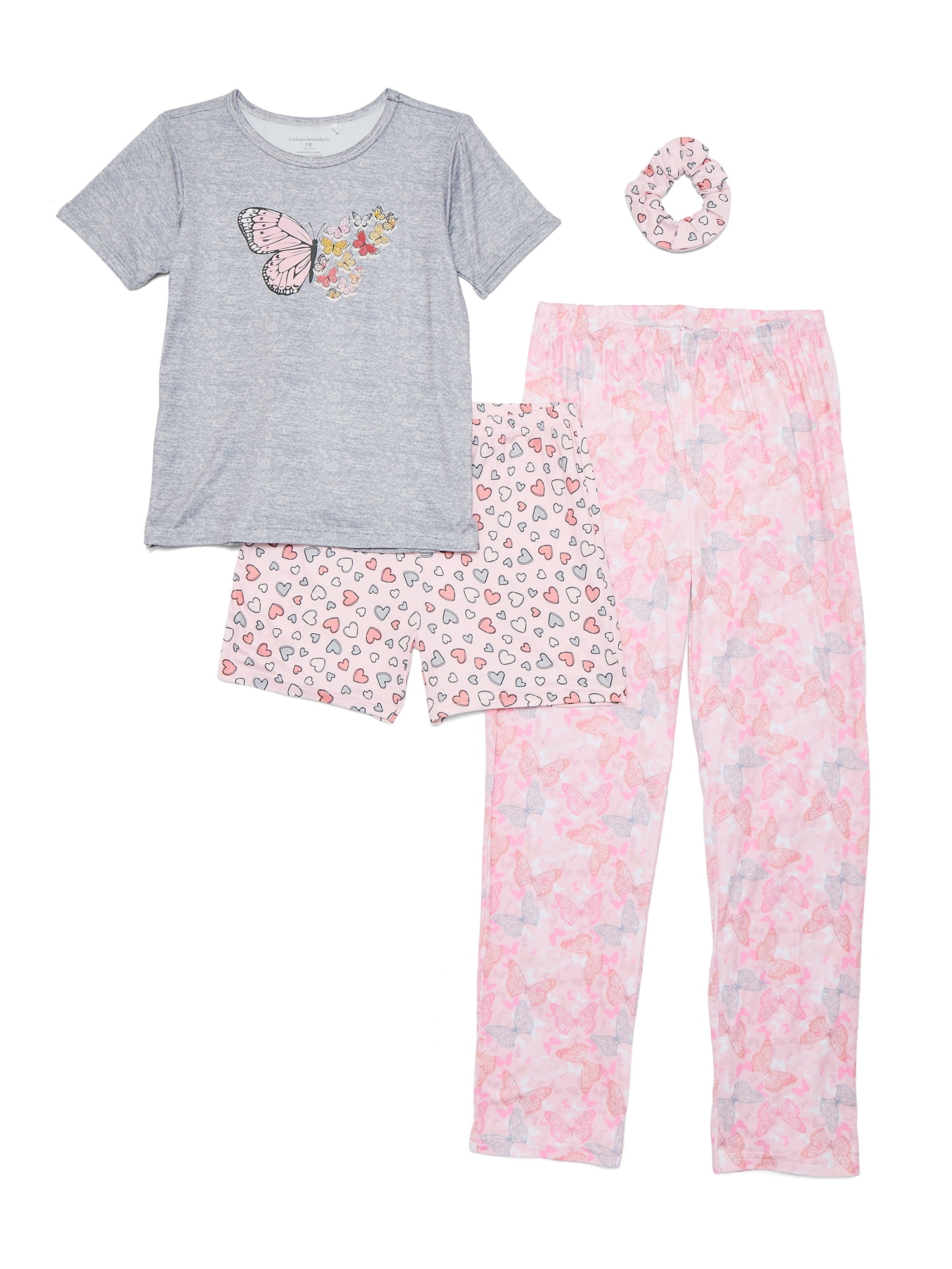 Catherne Malandrino Girls Short Sleeve Top, Pant and Shorts with Bonus Scrunchie 4-Piece Pajama Set, Sizes 4-16