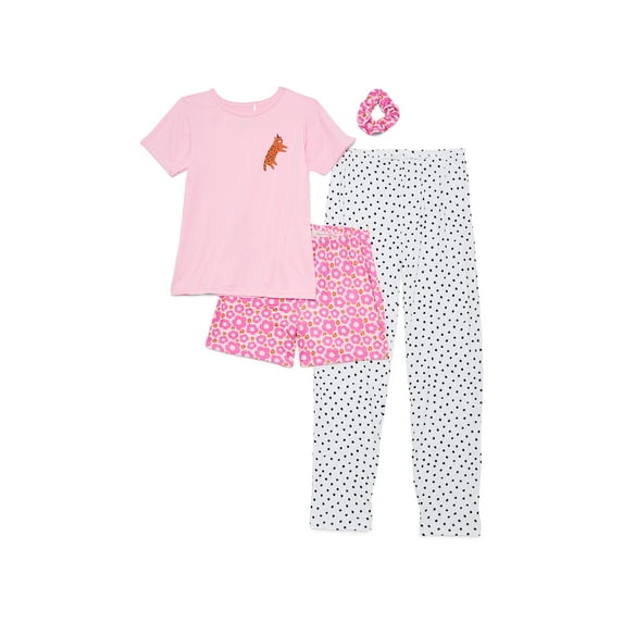 Catherne Malandrino Girls Short Sleeve Top, Pant and Shorts with Bonus Scrunchie 4-Piece Pajama Set, Sizes 4-16