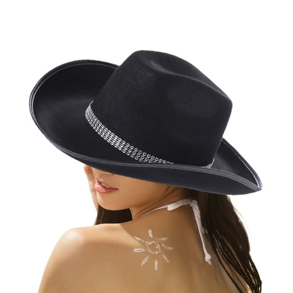 Cathery Adult Glitter White Black Cowboy Hats Western Rhinestone Cowgirl Hat for Women Girl Adjustable Wide Brim Fedora Hat