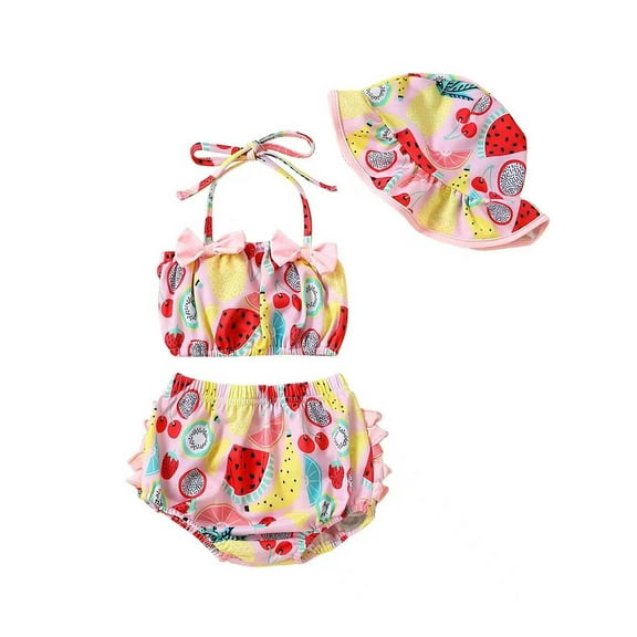 Cathery Baby Girl Swimsuit 3 6 9 12 24 Months Infant Fruit Print Bathing Suit Bikini Sets Swimwear Summer Beach 3Pcs Outfit