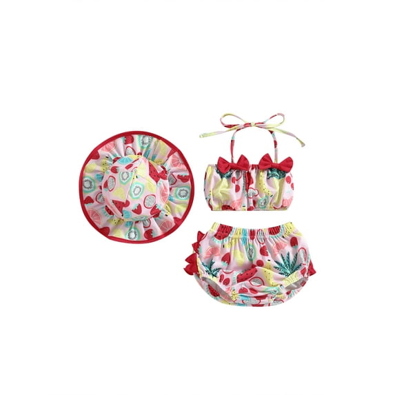 Cathery Baby Girl Swimsuit 3 6 9 12 24 Months Infant Fruit Print Bathing Suit Bikini Sets Swimwear Summer Beach 3Pcs Outfit