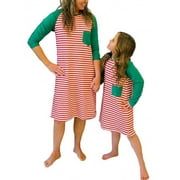 Cathery Christmas Mother Daughter Casual Fall Winter Red Striped Maxi Dress Family Matching Pajamas Nightgown Dress