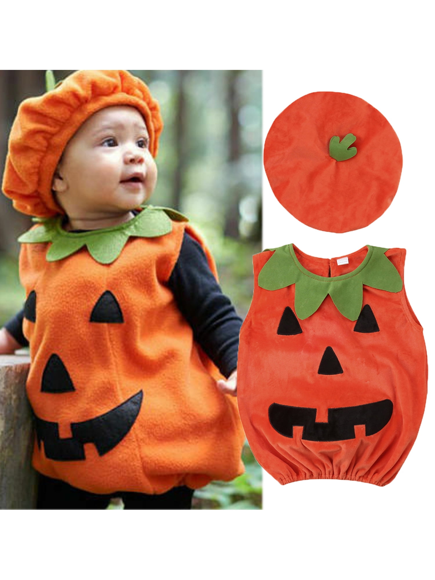 Cathery Infant Baby Boys Girls Halloween Costume Orange Pumpkin Vest Tops with Beanie Hat