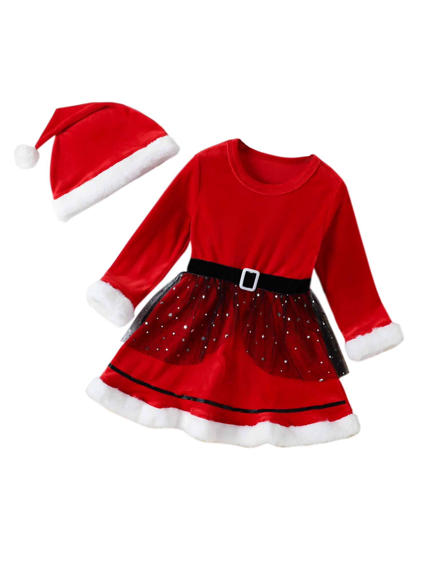 Cathery Kids Baby Girl Christmas Dress Outfit, Long Sleeve Plush Trim