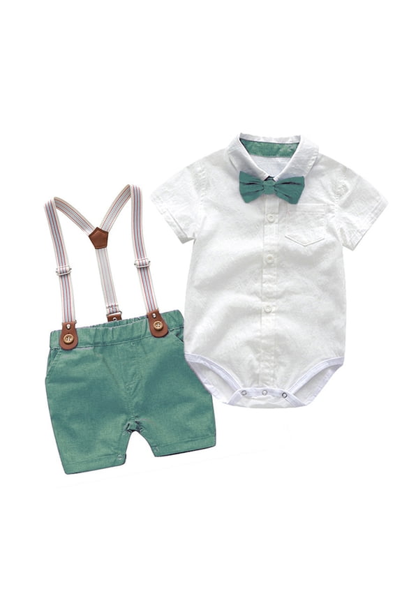 Kids Little Toddler Baby Boy Gentleman Outfits Suits Long Sleeve Romper Shirts+Bib Pants+Bow Tie Clothes Set Green 18-24 Months
