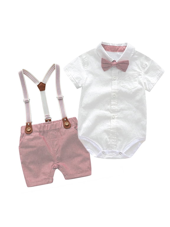 Kids Little Toddler Baby Boy Gentleman Outfits Suits Long Sleeve Romper Shirts+Bib Pants+Bow Tie Clothes Set Pink 6-12 Months