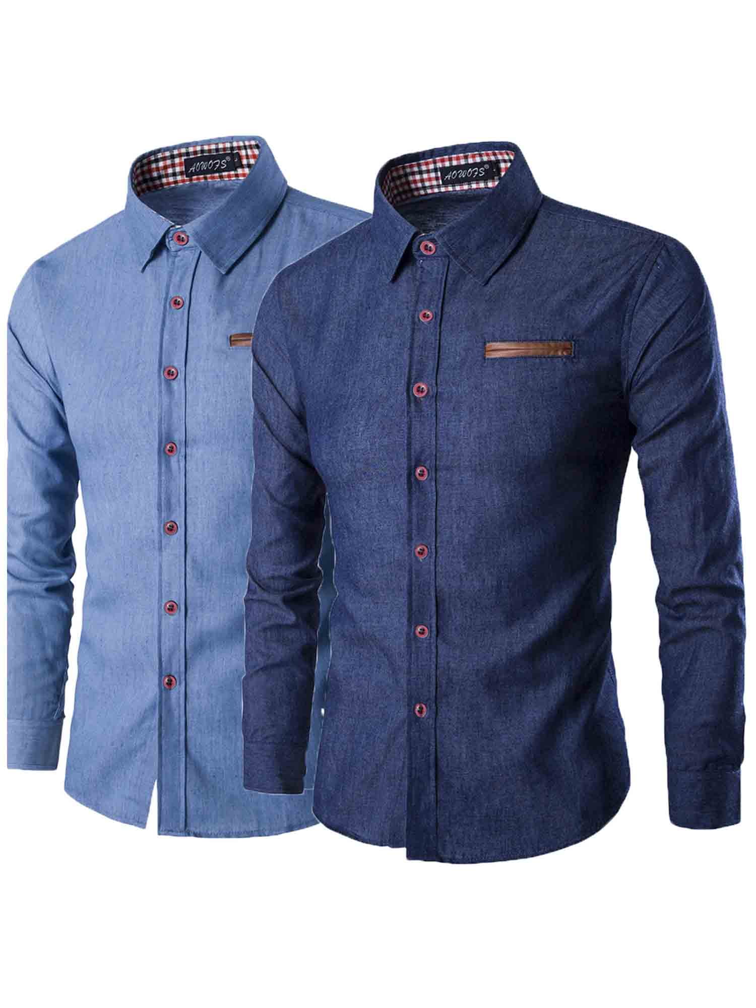 Cathery Mens Blue Dress Shirt Long Sleeve Shirt Button Up Denim Jeans ...