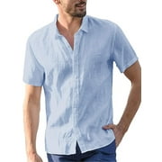 Cathery Mens Cotton Linen Short Sleeve Summer Solid Shirts Casual Loose Dress Soft Tops Tee