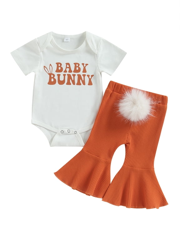 Newborn Baby Girl Easter Outfit Short Sleeve Baby 3 6 12 18M Bunny Romper Flared Pants Bell Bottoms with Tail Pompoms