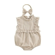 Cathery Newborn Baby Girls Summer Plaid Romper Infant Sleeveless Ruffle Romper One Piece Jumpsuit with Headband Clothes Set