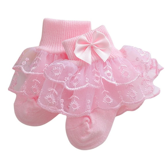 Cathery Newborn Infant Baby Girls Ruffle Eyelet Lace Socks, Super Soft Cotton Ankle Socks Princess Frilly Socks with Bow