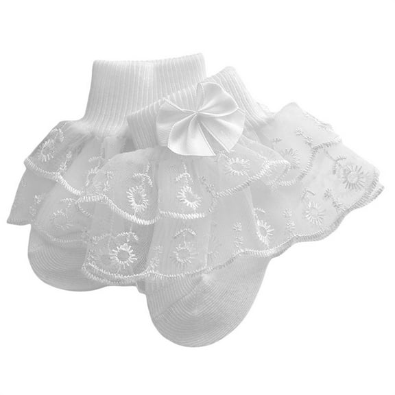 Cathery Newborn Infant Baby Girls Ruffle Eyelet Lace Socks, Super Soft Cotton Ankle Socks Princess Frilly Socks with Bow