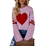 Cathery Sweaters for Women Valentines Day Heart Printed Sweatshirt Long Sleeve Pullover Y2K Knitted Sweater Top