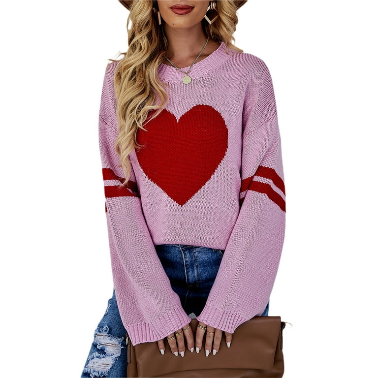 Cathery Sweaters for Women Valentines Day Heart Printed Sweatshirt Long  Sleeve Pullover Y2K Knitted Sweater Top