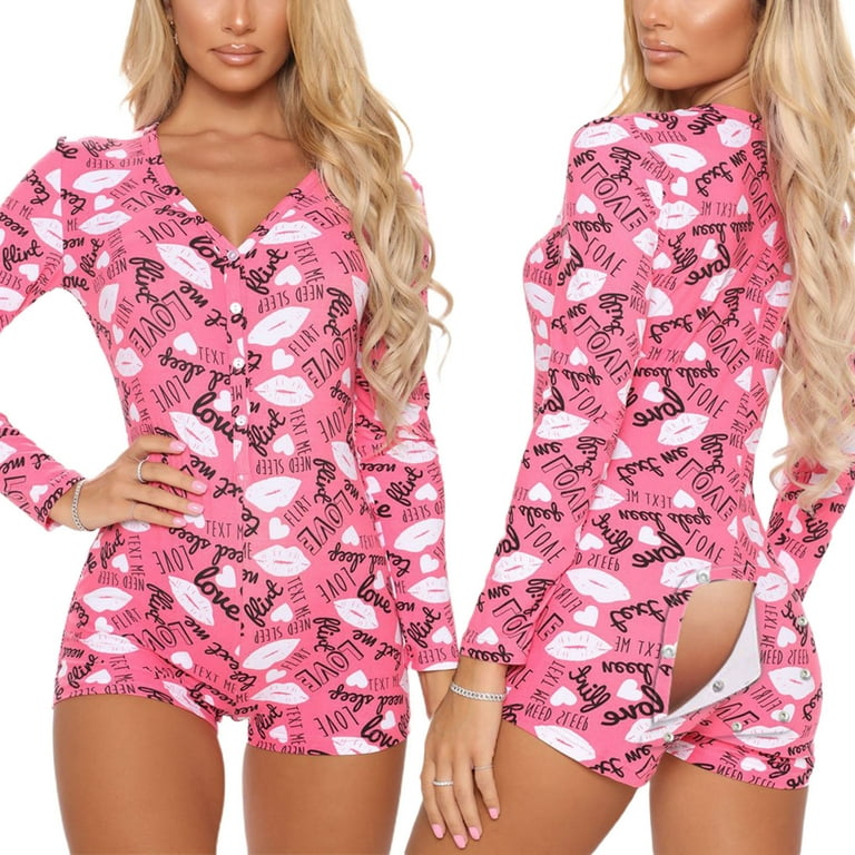 Cathery Valentine s Day Sexy onesies pajamas For Women Long Sleeve Playsuit Romper Short Pants bodycon Pajamas Sleepwear