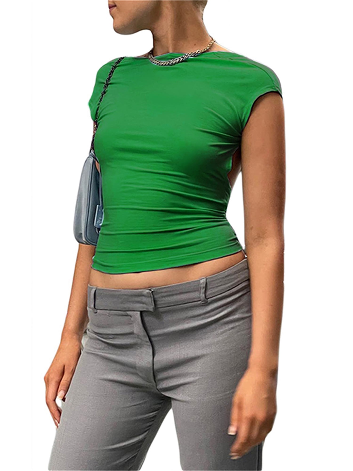 Women's O Neck Short Sleeve Cotton Under Boob Crop Tank Tops Y2K Short Tops  Blouses