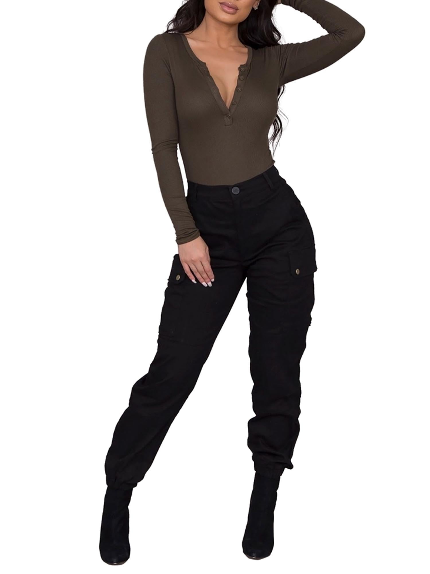 Cathery Women Cargo Pants High Waisted Skinny Long Trousers