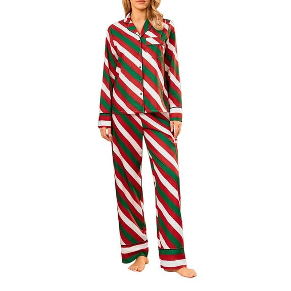 Cathery Women Christmas 2 Piece Pajama Set Striped Long Sleeve Button Shirt Pants Pjs Set Santin Sleepwear Loungewear