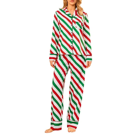 Cathery Women Christmas 2 Piece Pajama Set Striped Long Sleeve Button Shirt Pants Pjs Set Santin Sleepwear Loungewear