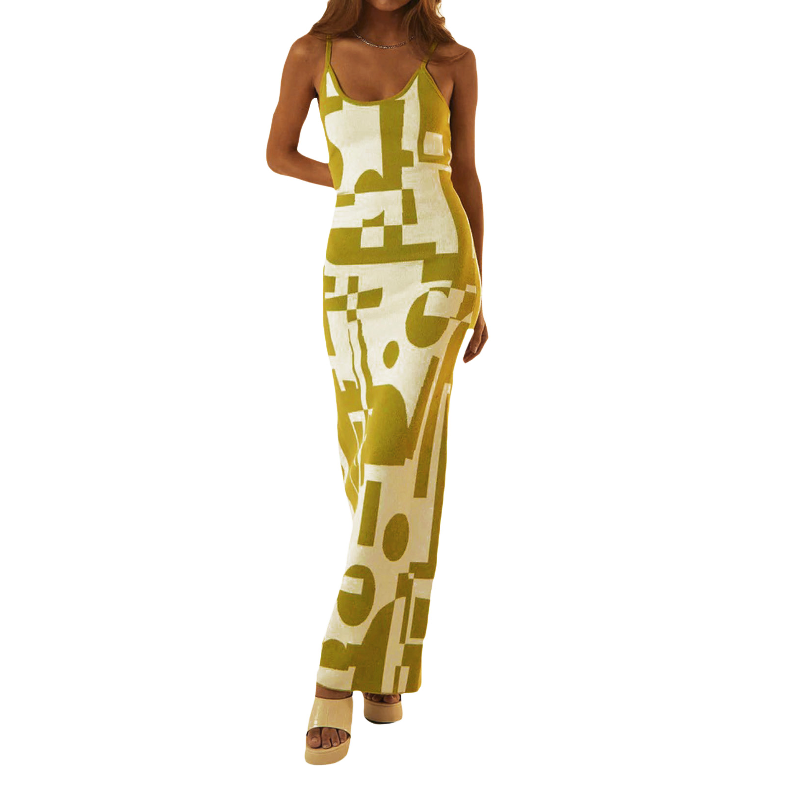 Cathery Women Knitted Maxi Bodycon Dress Color Block Sleeveless