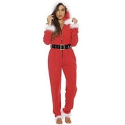 Cathery Women Mrs. Claus Zipster Fancy Christmas Outfits Hooded Onesie Jumpsuit Pajamas Santa Pjs with Belt