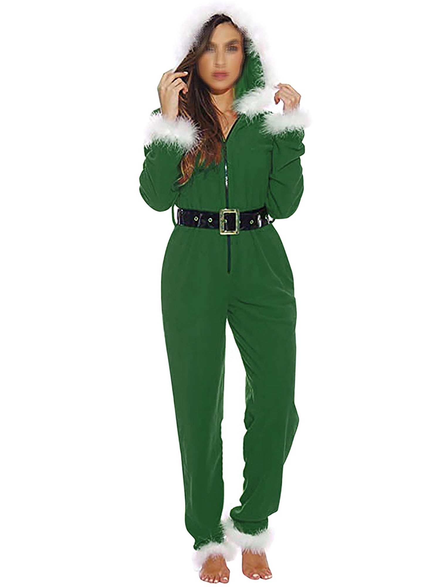 Cathery Women Mrs. Claus Zipster Fancy Christmas Outfits Hooded Onesie Jumpsuit Pajamas Santa Pjs with Belt Walmart