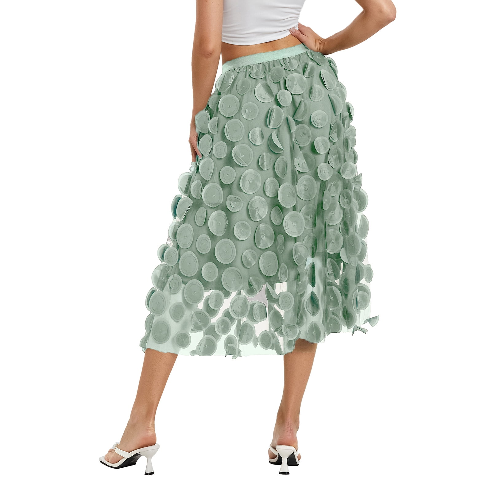 Cathery Women Tulle Midi Skirt 3D Polka Dot Elastic Waist Mesh Flowy A Line Skirts Layered Bubble Skirt for Beach Party