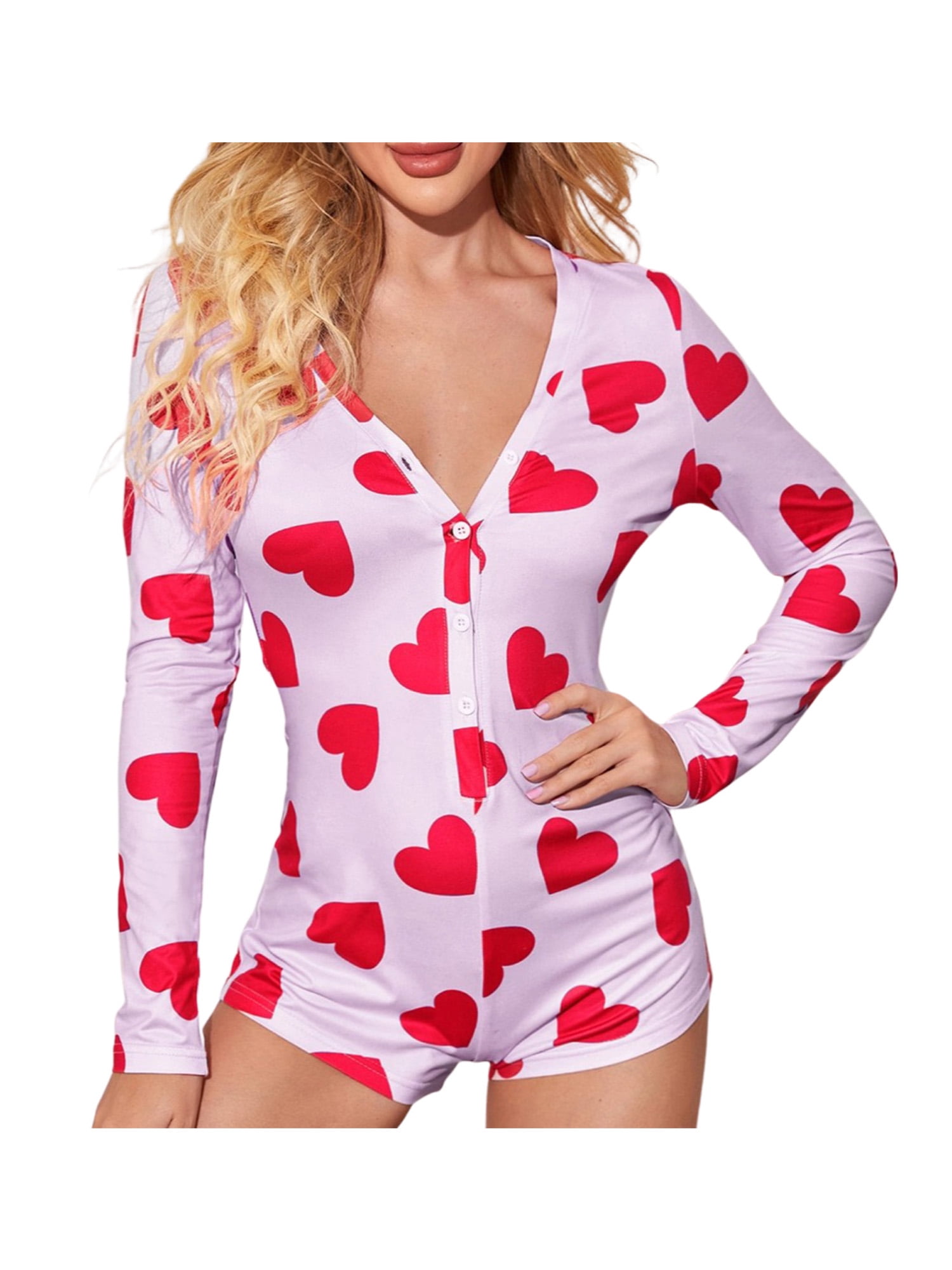 Cathery Women Valentines Day Onesies Pajamas Deep V Neck