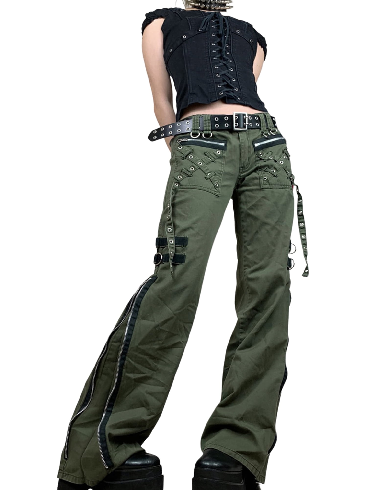 Cathery Women Wide Leg Grunge Gothic Cargo Pants, Punk Low Cathery Women Wide Leg Grunge Gothic Cargo Pants, Punk Low