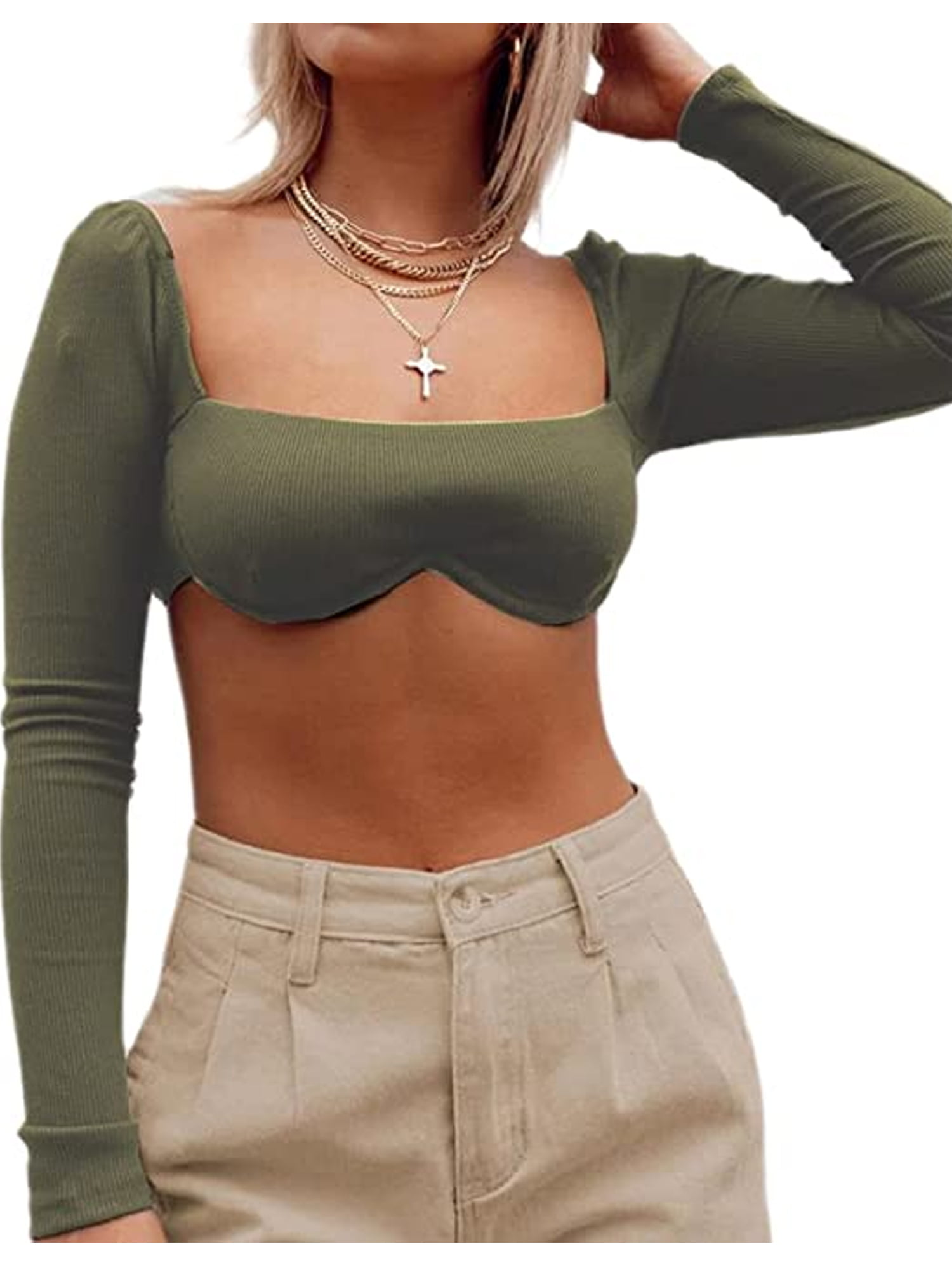 Gwiyeopda Womens Crop Tops Square Neck Long Sleeve Bustier Shirts Slim  Cutout Low Cut Blouse