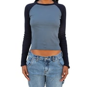 Cathery Women Y2K Long Sleeve Color Block Crop Top Slim Fit Pullover Sweatshirts 90S Fairy Grunge Streetwear Dusty Blue XL