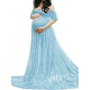 Cathery Women's Maternity Dress for Photoshoot Off Shoulder Lace Maxi Dress Elegant Baby Shower Photography Props
