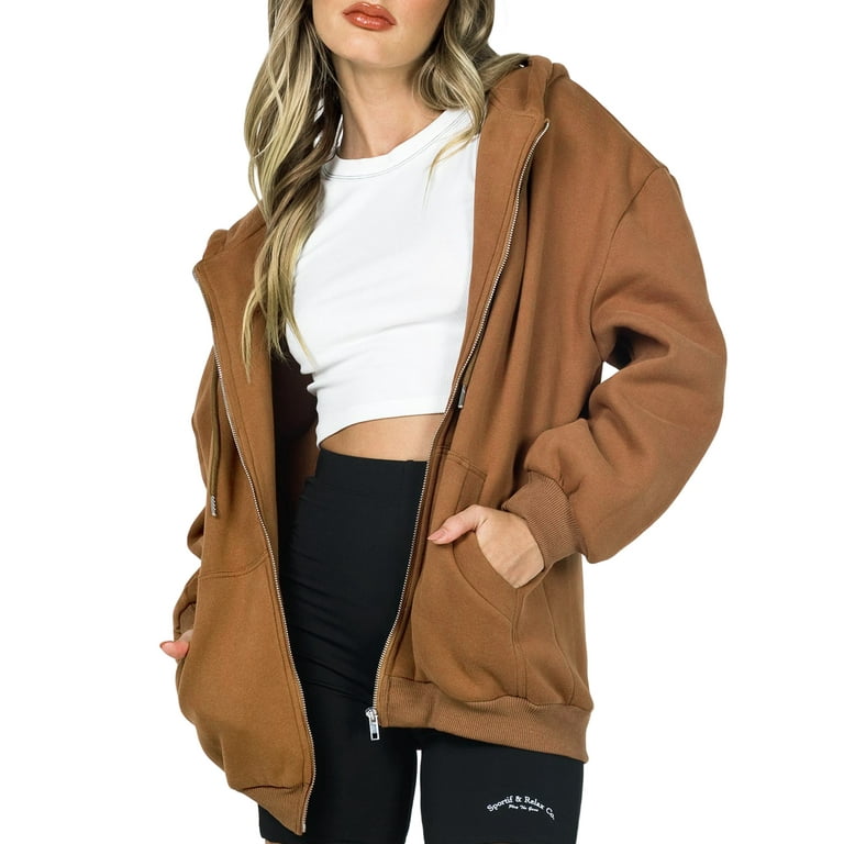 Buy Women's Y2K Brown Hoodie Sweatshirt Zip Up Oversized Casual Long Sleeve  Coat 90s E-Girl Vintage Zip Up Jacket Tracksuit, Brown, Medium at