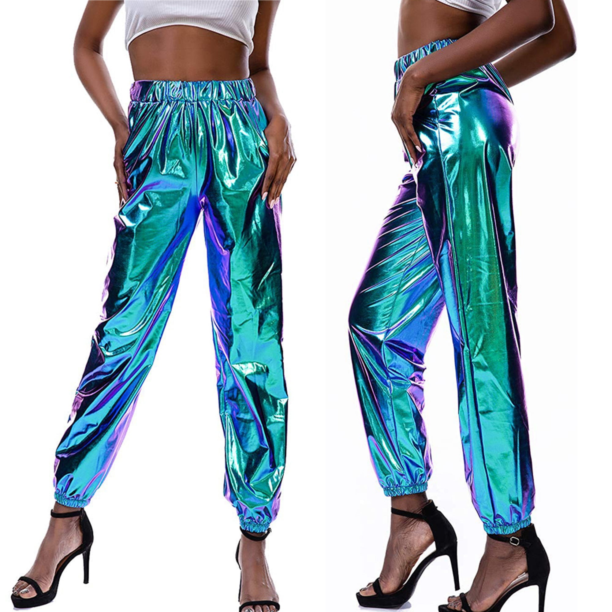 Cathery Womens Metallic Shiny Reflective Pants High Waisted Holographic ...