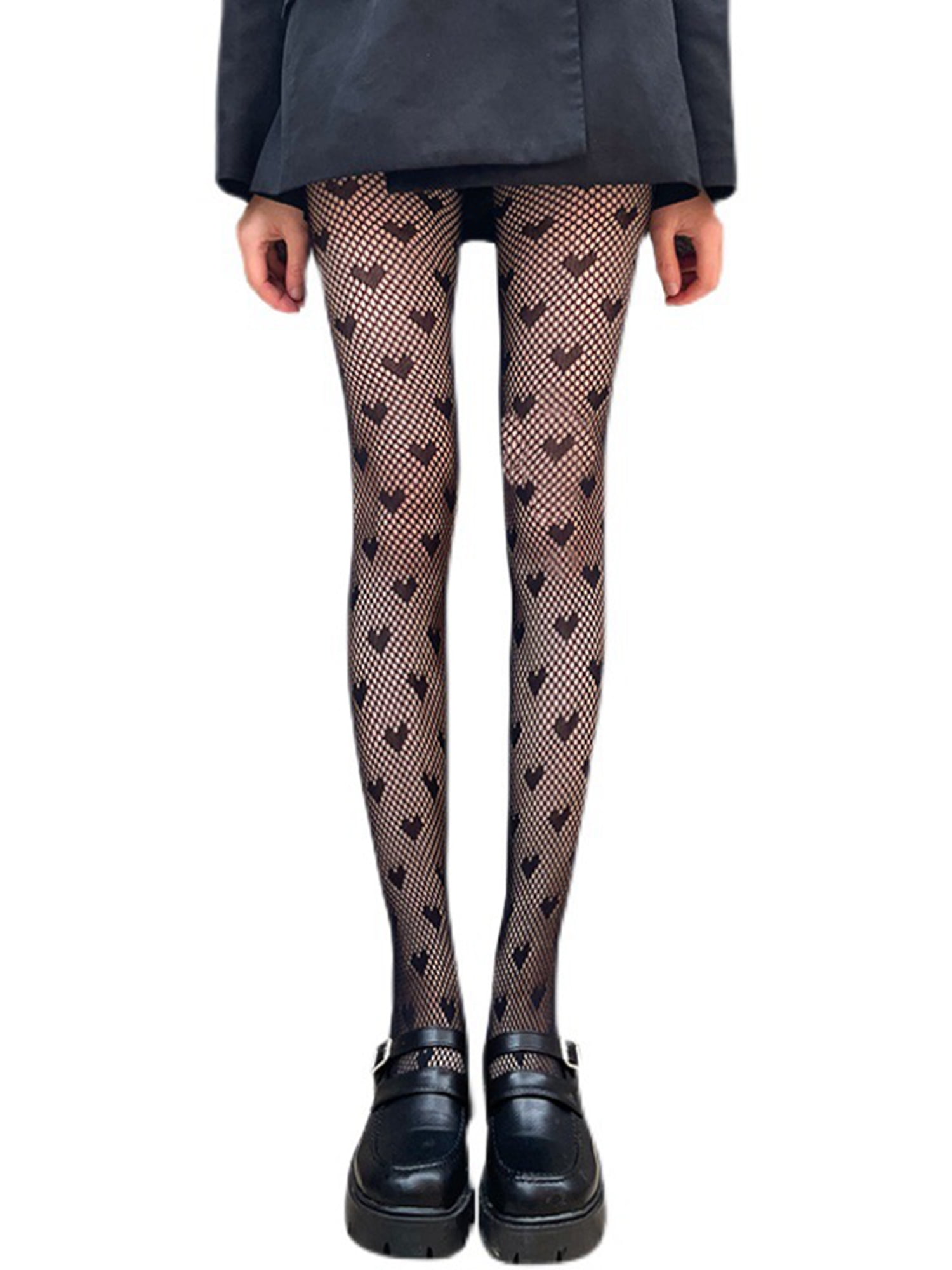 HGYCPP Women Sexy Lace Pantyhose Sweet Love Heart Pattern Jacquard Tights  Gothic Punk Lolita Hollow Out Fishnet Mesh Stockings 