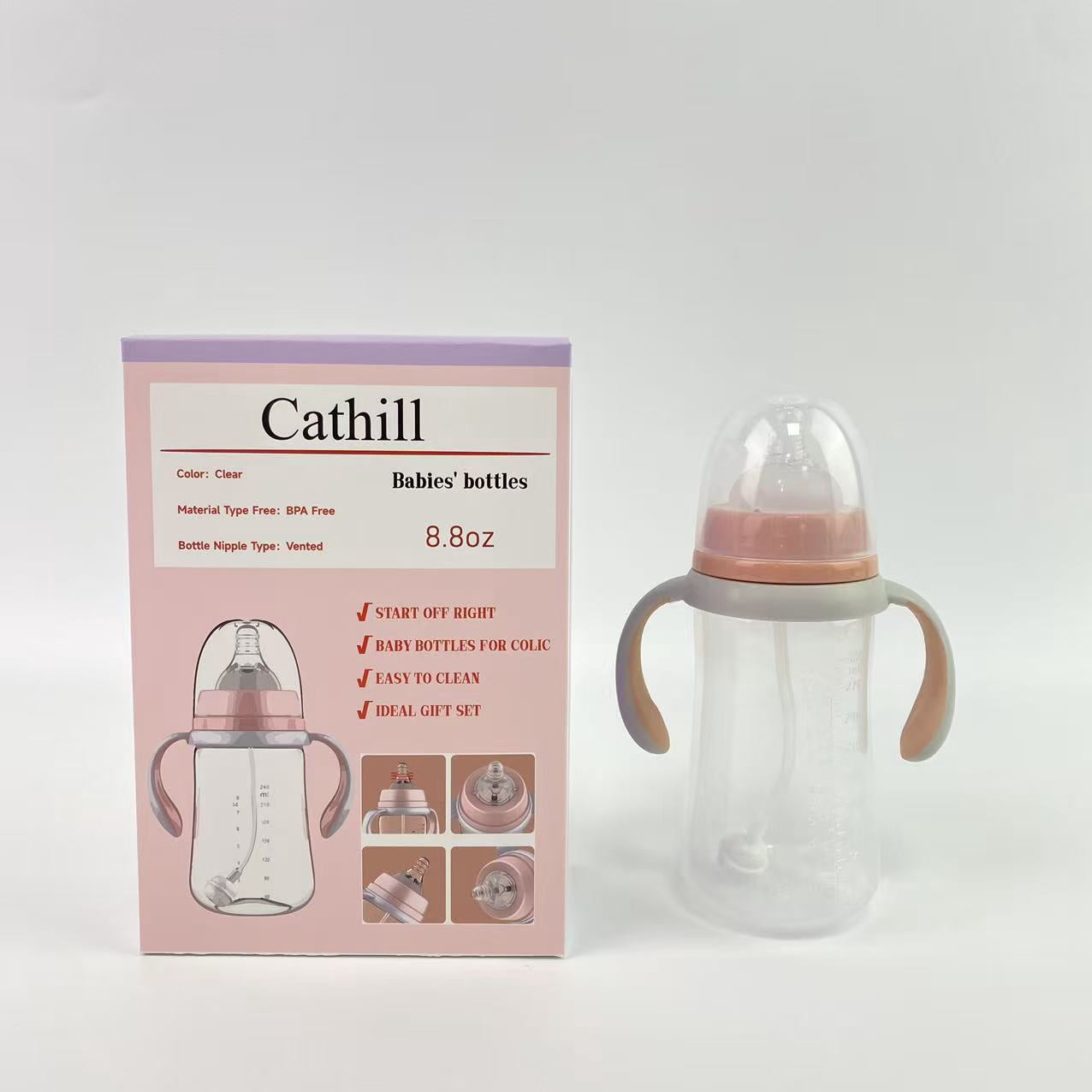Cathill Babies' bottles,Bottle with Natural Response Nipple, Wide Neck Bottles with Handle, Newborn Anti-Colic Bottles Gift Set, Clear (8.8oz)