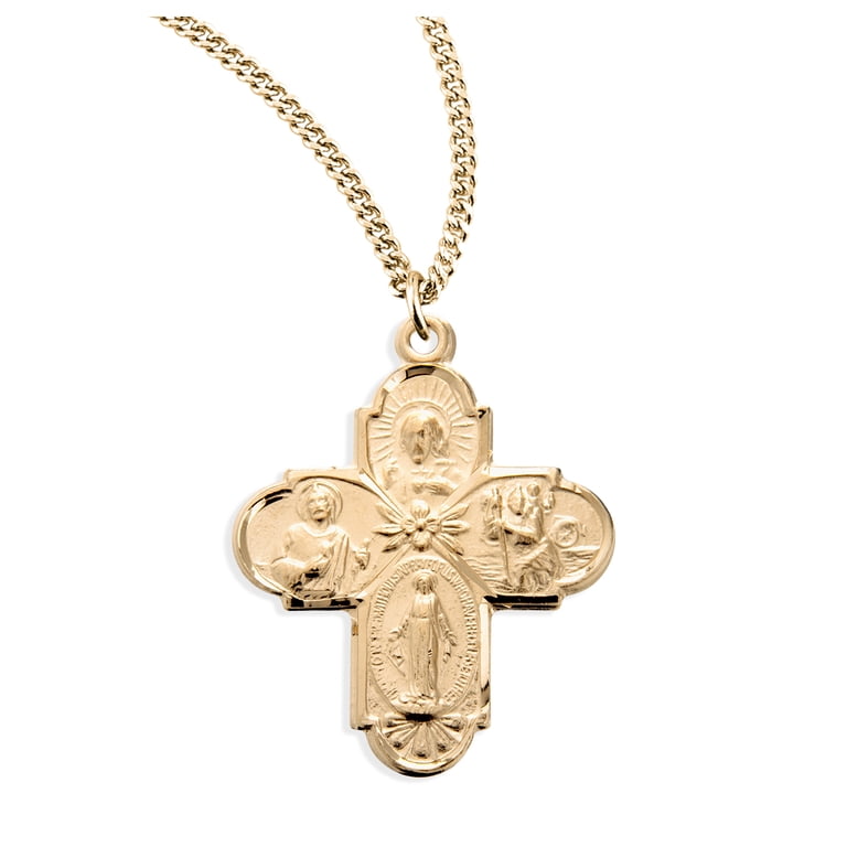 Catholic 4-Way Medal Cross Cruciform Pendant with Miraculous Medal