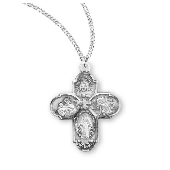 Catholic 4-Way Medal Cross Cruciform Pendant with Miraculous Medal, St. Joseph, St. Christopher and Sacred Heart, Made in USA