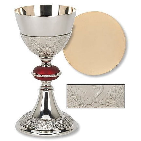 Catholic Brass 24KT Gold Tone Grape Patterned Red Node Chalice and Paten Set