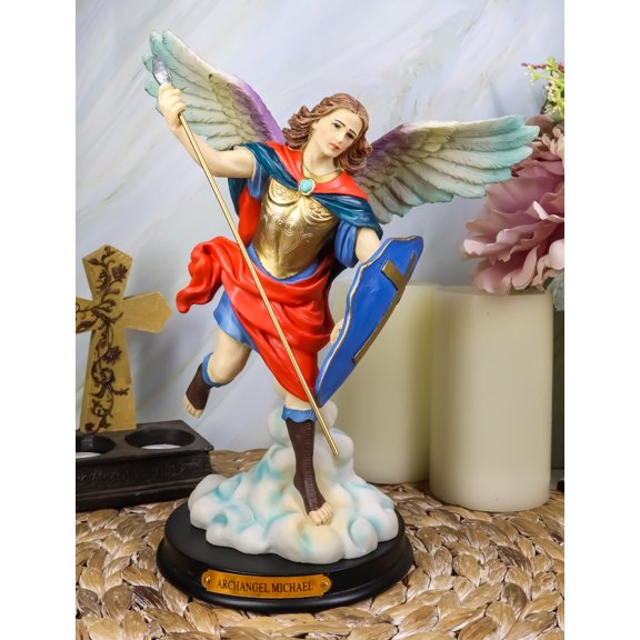 Catholic Colorful Archangel Saint Michael With Javelin Spear Shield Statue 10"H
