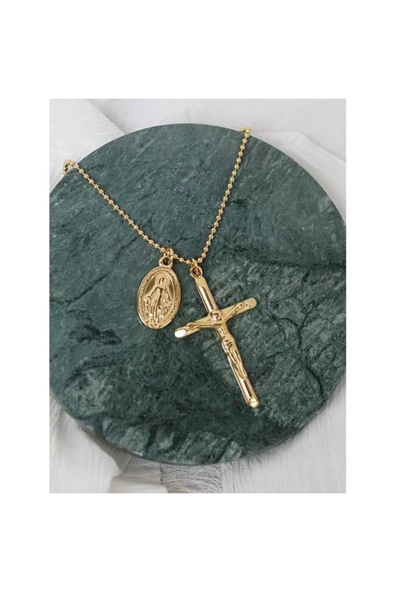 Catholic Copper Virgin Mary Medal Cross Pendant with Golden Coin Necklace for Daily Wear