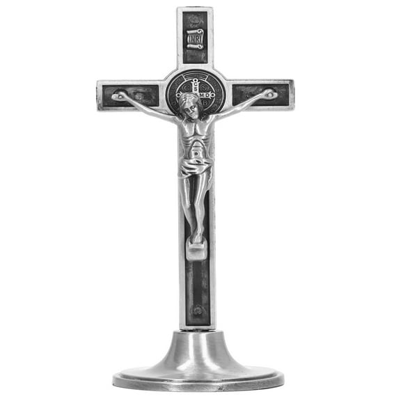 Catholic Cross Beautiful Zinc Alloy Handmade Metal Wall Crucifix Vertical Removable Table Stand (Silver)