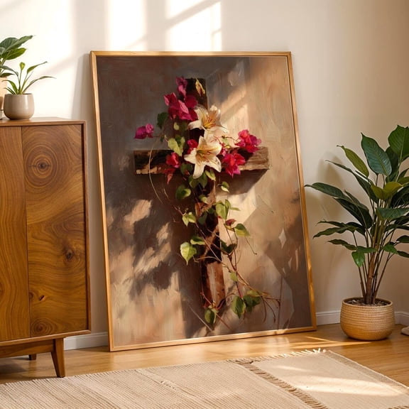 Catholic Cross Lily Lent Easter Religious Decor Bougainvillea Christian Home Art Mexican Altar Holy Church, Stretched Canvas