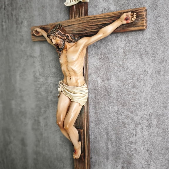 Catholic Crucifix Wall Cross, 10 Inch Jesus Wall Decor, Resin Renaissance Sculpture Religious Inspirational Home Decoration Devout Gift for Bedroom