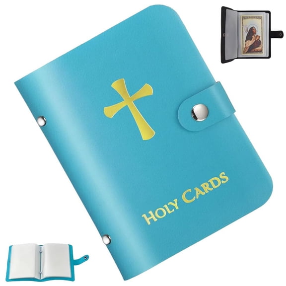 Catholic Faux Leather Holy Card Holder Compact Handheld Binder Style Organizer For Religious Items Crosses And Lord Almighty Devotions In Red Black Blue