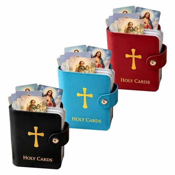 Catholic Genuine Leather Holy Card Holder – Catholic Holy Card Holder, Pocket Prayer Card Organizer with Snap Closure, Holds Up to 40 Religious Cards