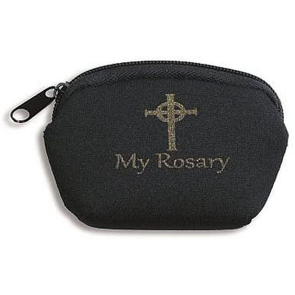 "Catholic Gift Black""My Rosary"" Zippered Pouch Case with Stamped Gold Celtic Cross Design"